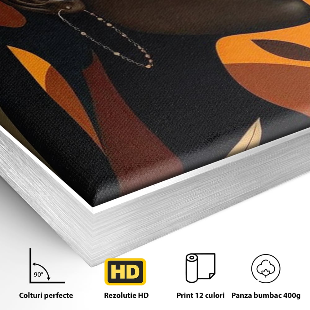 Detaliu al suprafetei: ilustratie digitala cu profil de femeie, in rama de aluminiu argintiu